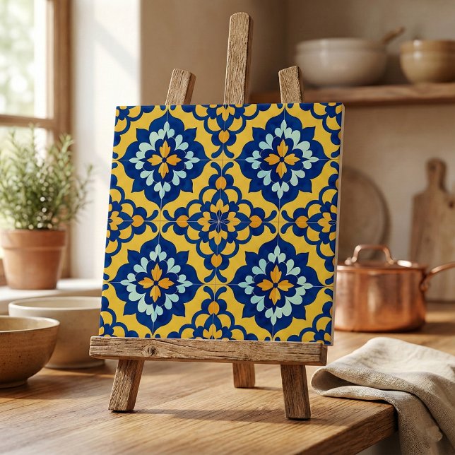 Mexikansk Talavera Spansk Azulejo Blå och Gul Kakelplatta (Skapare uppladdad)