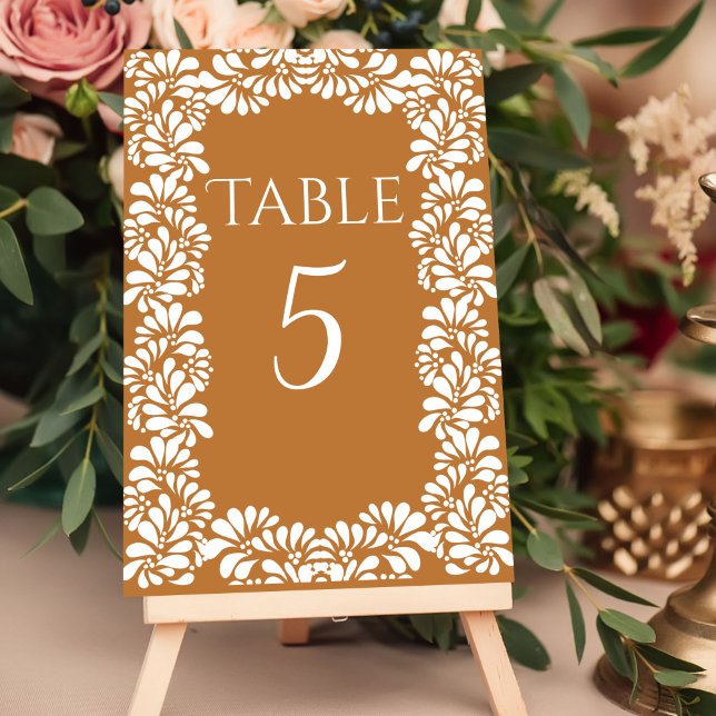 Mexikansk talavera teracotta papel picado bordsnummer (Mexican talavera terracotta papel picado table number cards Mexican fiesta table numbers)