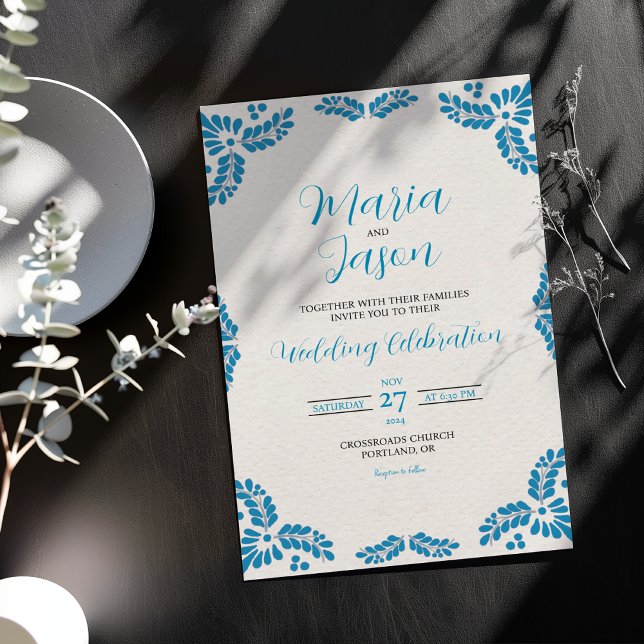 Mexikansk Talavera Turkos Minimalistisk Bröllop Inbjudningar (Mexican Talavera Turquoise Minimalist Wedding Invitation)