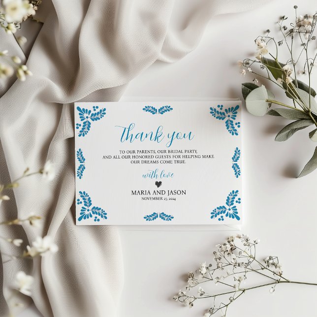 Mexikansk Talavera Turkos Minimalistisk Bröllop Tack Kort (Mexican Talavera Turquoise Minimalist Wedding Thank You Card)