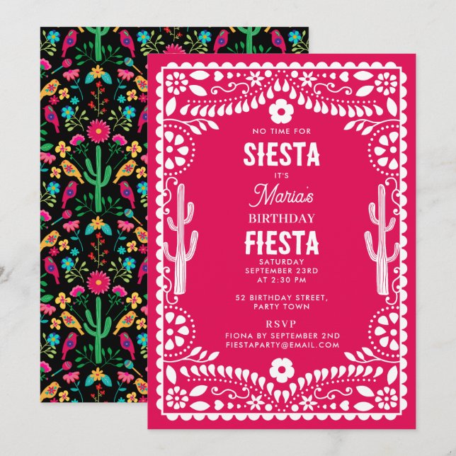 Mexikansk traditionell blomsterfiesta rosa födelse inbjudningar (Fram/baksida)