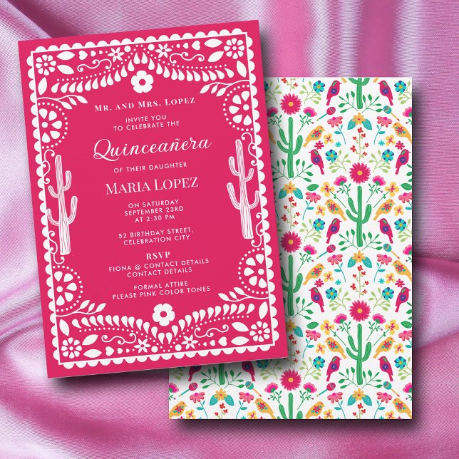 Mexikansk traditionell blomsterfiesta rosa Quincea Inbjudningar (Mexican Traditional Floral Fiesta Pink Quinceañera Invitation)