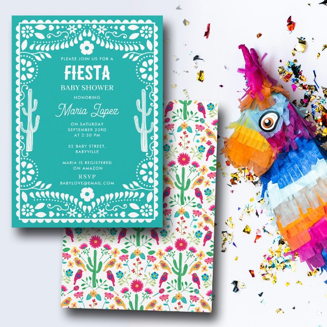 Mexikansk traditionell blomsterfiesta turkos baby  inbjudningar (Mexican Traditional Floral Fiesta Teal Baby Shower Invitation)