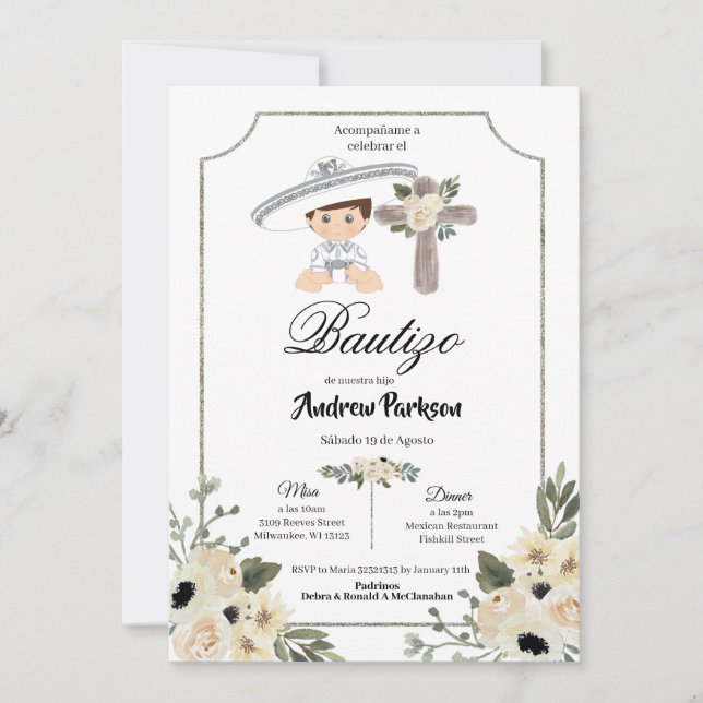 Mexikansk vit Silver Charro Boy Bautizo-inbjudan Inbjudningar (Framsida)