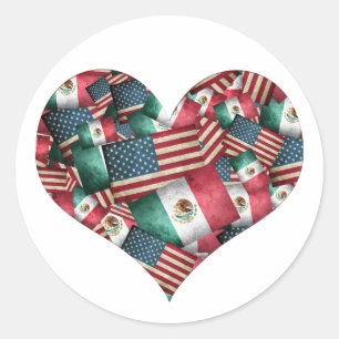Mexikanska/amerikanska Flaggor Heart Runt Klistermärke