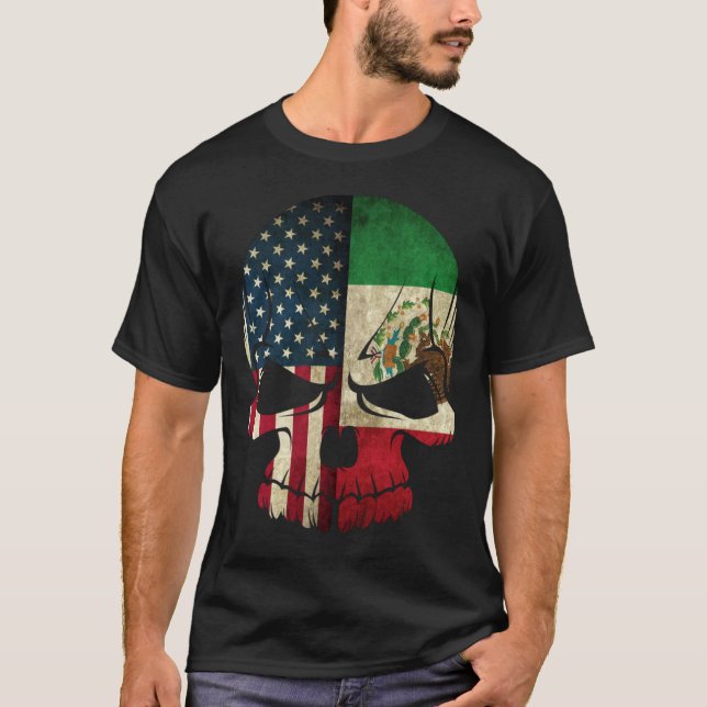 Mexikanska amerikanska Skull Flagga T Shirt (Framsida)