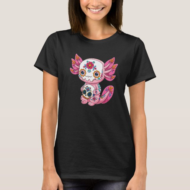Mexikanska Axolotl Sugar Skull Calavera Día de Los T Shirt (Framsida)