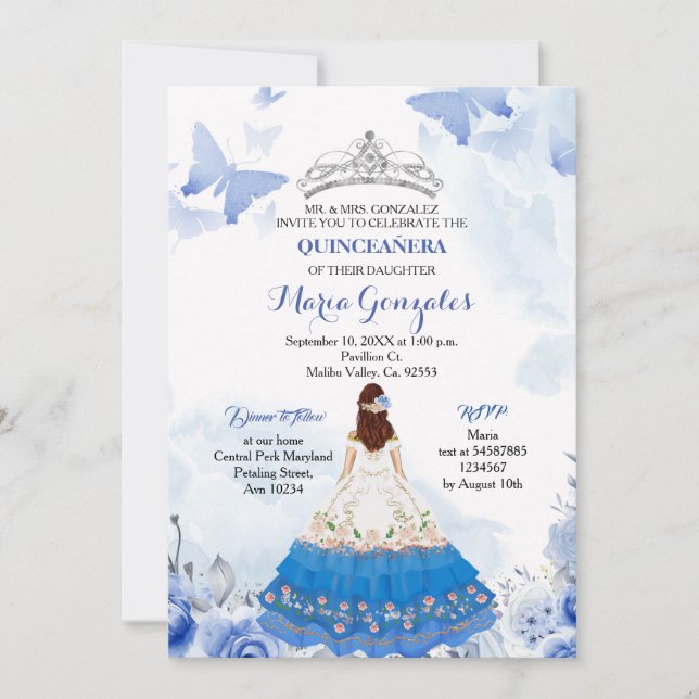 Mexikanska Baby blue fjärilshuset Quinceanera Birt Inbjudningar (Framsida)