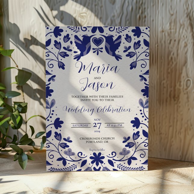 Mexikanska blå Blommigten Romantic Aesthetic Bröll Inbjudningar (Mexican Blue Floral Romantic Aesthetic Wedding Invitation)