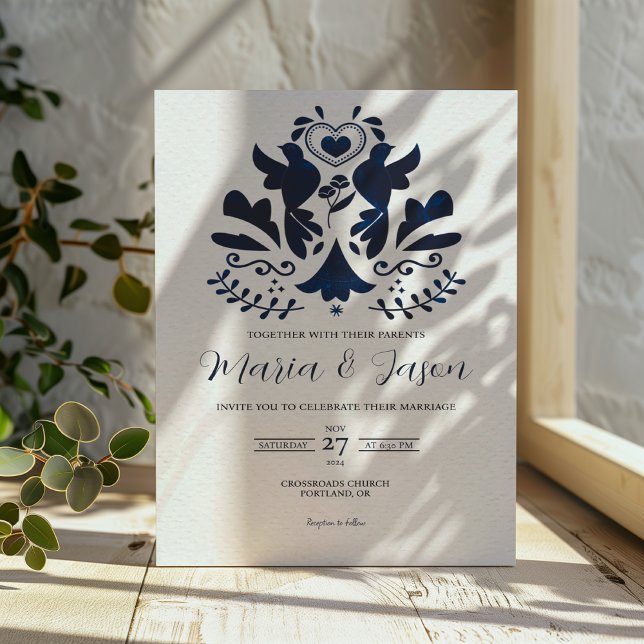 Mexikanska blå modern, minimalistisk Elegant bröll Inbjudningar (Mexican Blue Modern Minimalist Elegant Wedding Invitation)