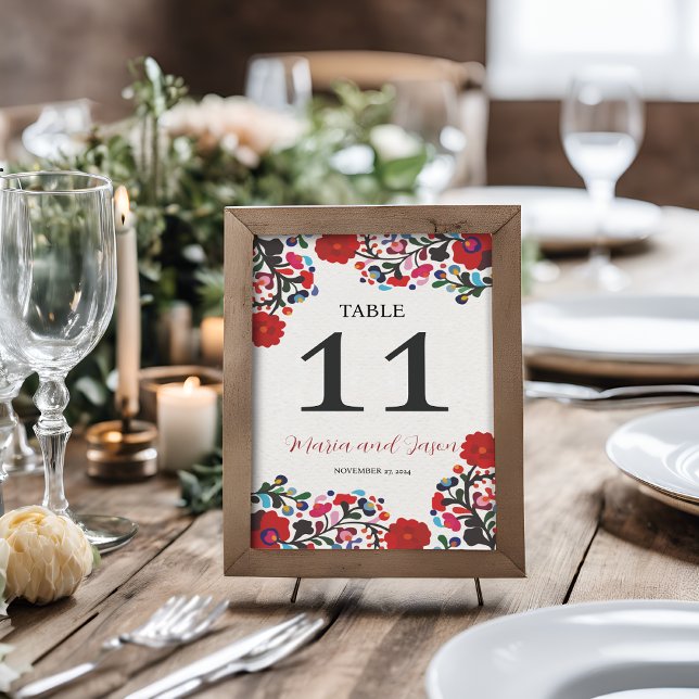 Mexikanska Blommigten Färgfyllda botaniska blommor Bordsnummer (Mexican Floral Colorful Botanical Flowers Wedding Table Number)