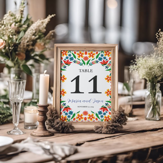Mexikanska Blommigten Färgfyllda botaniska blommor Bordsnummer (Mexican Floral Colorful Botanical Flowers Wedding Table Number)