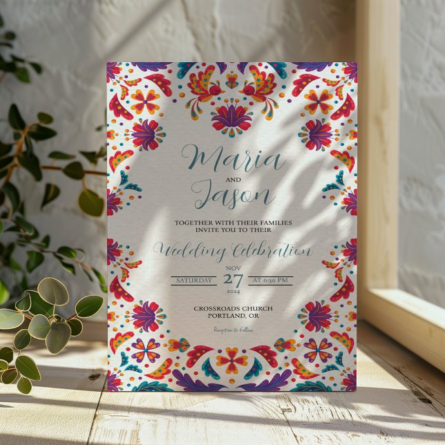 Mexikanska Blommigten Färgfyllda botaniska blommor Inbjudningar (Mexican Floral Colorful Botanical Flowers Wedding Invitation)