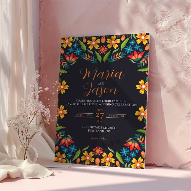 Mexikanska Blommigten Färgfyllda botaniska blommor Inbjudningar (Mexican Floral Colorful Botanical Flowers Wedding Invitation)