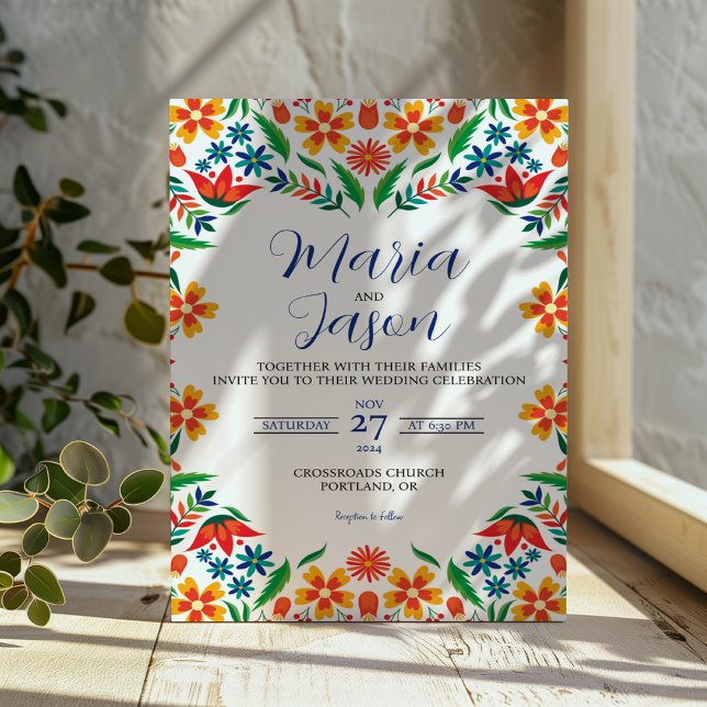 Mexikanska Blommigten Färgfyllda botaniska blommor Inbjudningar (Mexican Floral Colorful Botanical Flowers Wedding Invitation)
