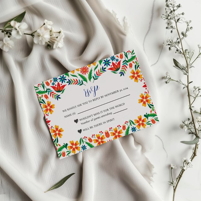 Mexikanska Blommigten Färgfyllda botaniska blommor OSA Kort (Mexican Floral Colorful Botanical Flowers Wedding RSVP Card)