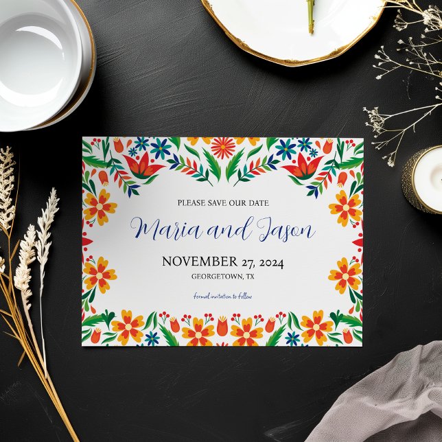 Mexikanska Blommigten Färgfyllda botaniska blommor Spara Datumet (Mexican Floral Colorful Botanical Flowers Wedding Save The Date)