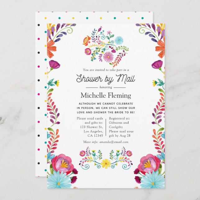 Mexikanska Blommigten Fiesta Möhippa by Mail Inbjudningar (Fram/baksida)