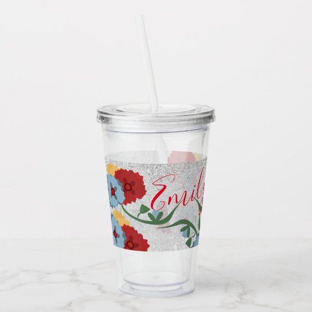 Mexikanska blommor Grön glans Monogram Namn    Take Away Mugg (Vänster)
