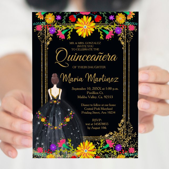 Mexikanska blommor med Guld Black Quinceañera Inbjudningar (Skapare uppladdad)