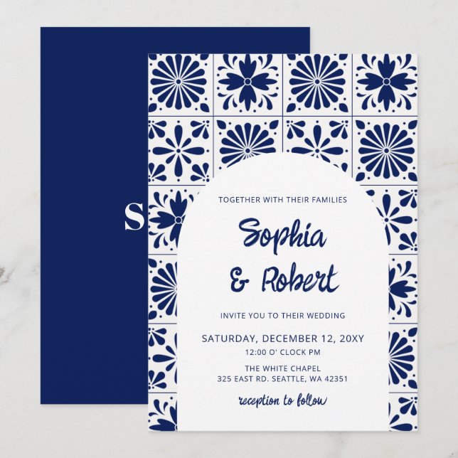 Mexikanska Blue Talavera Tiles Bröllop Inbjudningar (Fram/baksida)