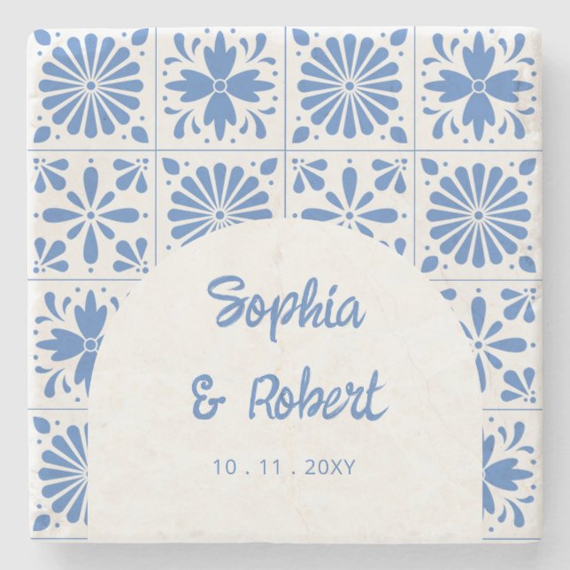 Mexikanska Blue Talavera Tiles Bröllop Stenunderlägg (Framsidan)