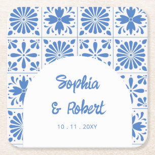 Mexikanska Blue Talavera Tiles Bröllop Underlägg Papper Kvadrat