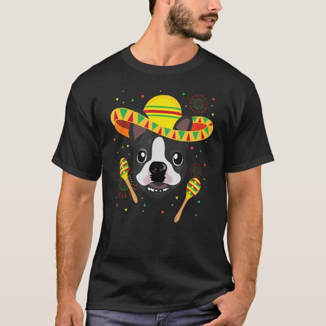 Mexikanska Boston Terrier Bostie Hund Cinco De May T Shirt (Framsida)