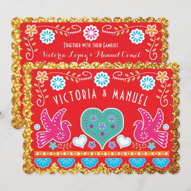 Mexikanska Bröllop Papel Picado Guld Glitter Inbjudningar (Fram/baksida)