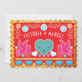 Mexikanska Bröllop Papel Picado Guld Glitter Inbjudningar