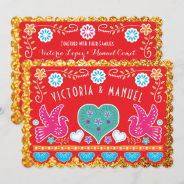 Mexikanska Bröllop Papel Picado Guld Glitter Inbjudningar