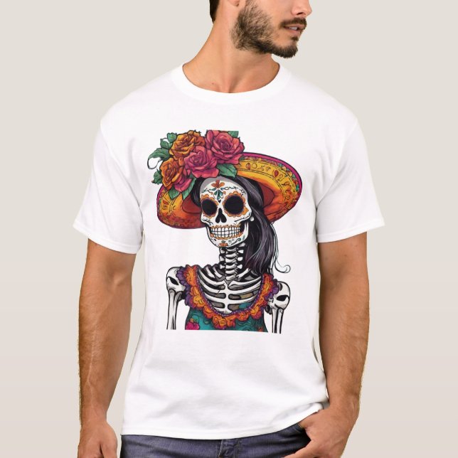 Mexikanska Catrina Skeleton Art T Shirt (Framsida)