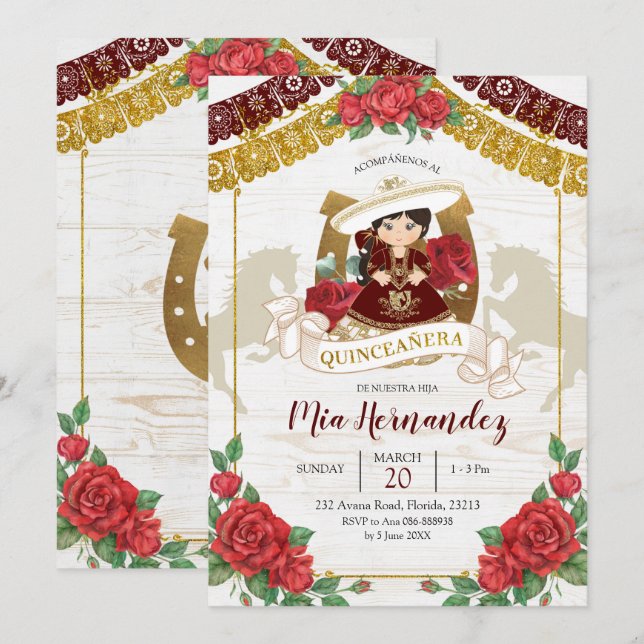 Mexikanska Charra Burgundy Red Quinceanera Western Inbjudningar (Fram/baksida)