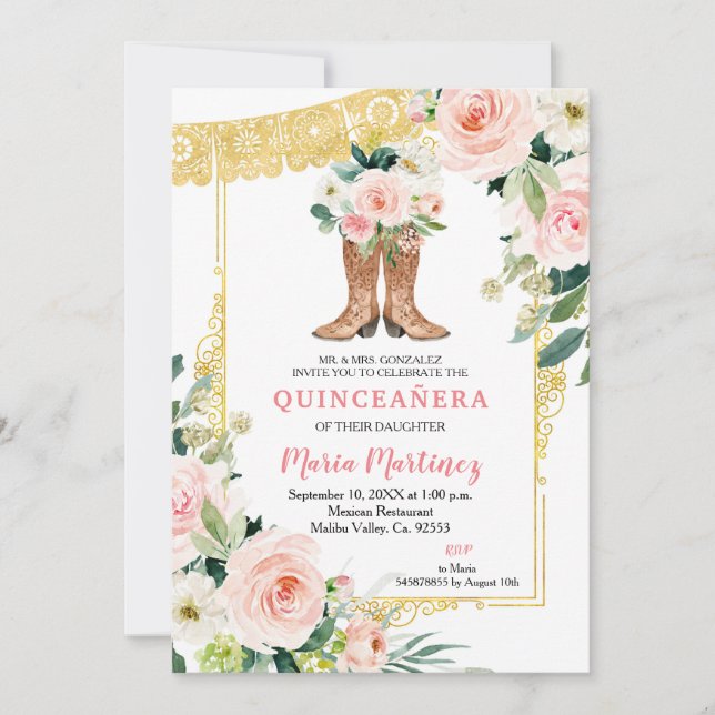 Mexikanska Charro Boots Rosa och Guld Quinceañera Inbjudningar (Framsida)