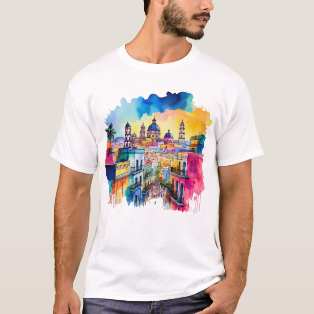 Mexikanska City Watercolor Art T Shirt (Framsida)