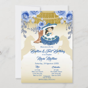 Mexikanska Cute Girl Baptism och Birthday Blue Flo Inbjudningar