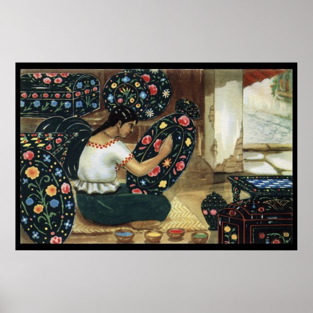 Mexikanska dam som målar färglösa, levande tallrik poster (Framsidan)