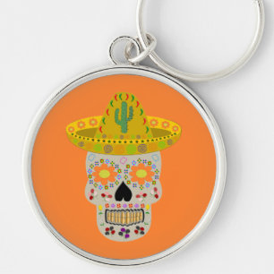 Mexikanska Day of the dead Skull Rund Silverfärgad Nyckelring