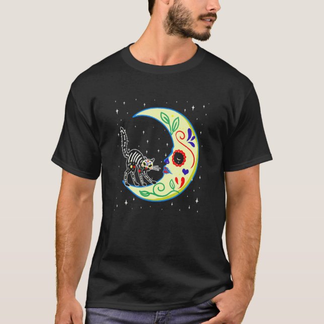 Mexikanska Day of the dead Sugar Skull Måne Cat Ki T Shirt (Framsida)