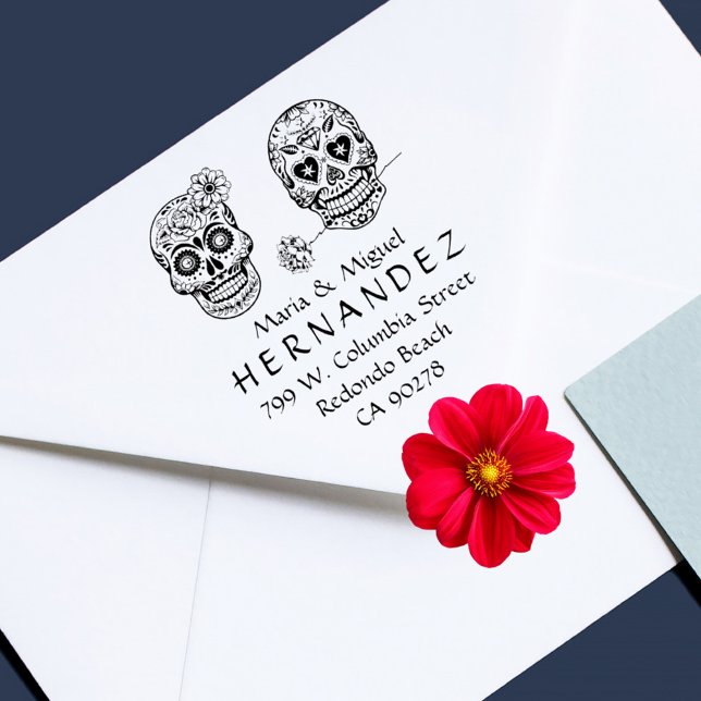 Mexikanska Döskallar av socker, gifta par Returadr Stämpel (Mexican Sugar Skulls Married Couple Return Address Rubber Stamp. Perfect for Halloween!)