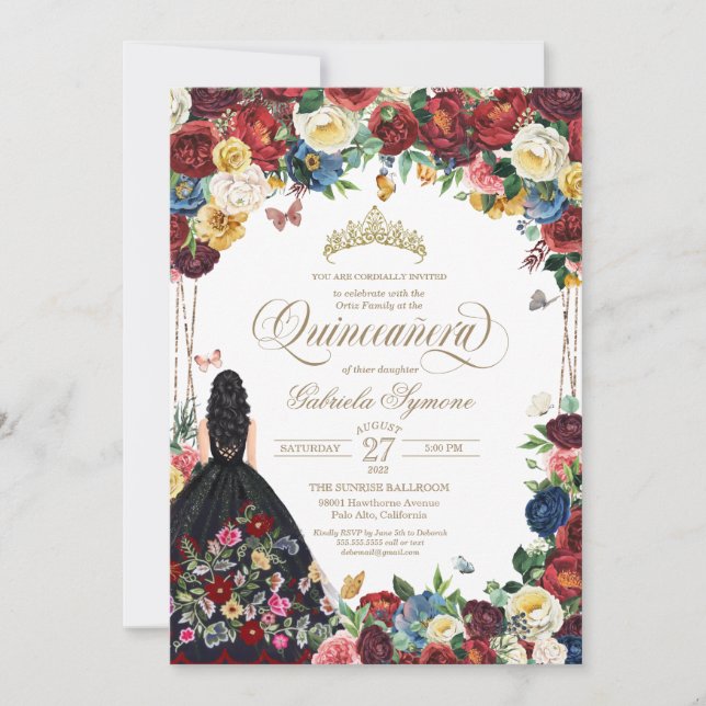 Mexikanska Embroidery Butterfly Blommigt Quinceane Inbjudningar (Framsida)