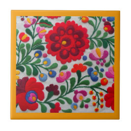 Mexikanska Embroidery Flowers Kitchen Gult Trivet Kakelplatta
