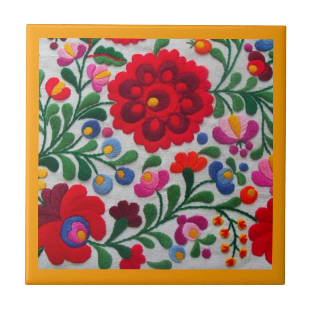Mexikanska Embroidery Flowers Kitchen Gult Trivet Kakelplatta (Framsidan)