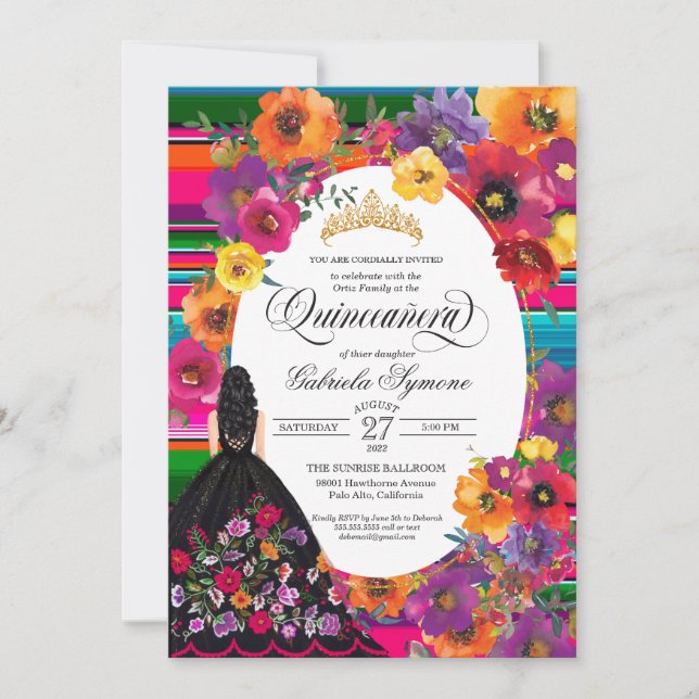 Mexikanska Embroidery Huipil Blommigt Dress Quince Inbjudningar (Framsida)