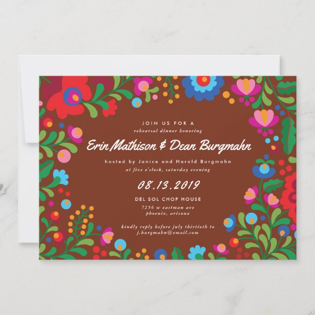 Mexikanska Embroidery Red Clay Rehearsal Dinner Inbjudningar (Framsida)