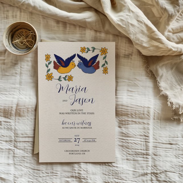 Mexikanska Fåglar Blommig Blå Gul Charmig Bröllop Inbjudningar (Mexican Birds Floral Blue Yellow Charming Wedding Invitation)