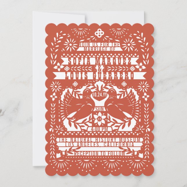 Mexikanska Fantail Doves Papel Picado Bröllop Anpa Inbjudningar (Framsida)