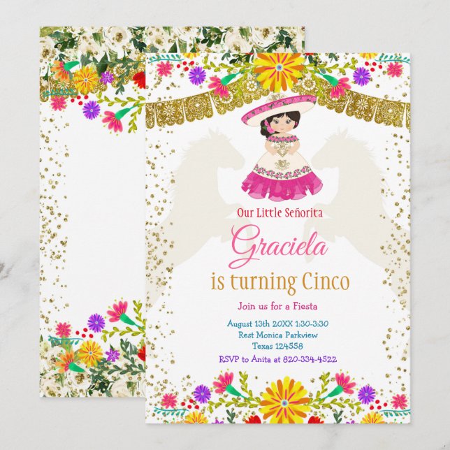 Mexikanska färgblommor med Guld Glitter Inbjudningar (Fram/baksida)