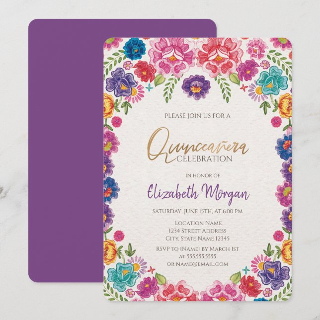 Mexikanska Festblommor Quinceañera Inbjudningar (Fram/baksida)