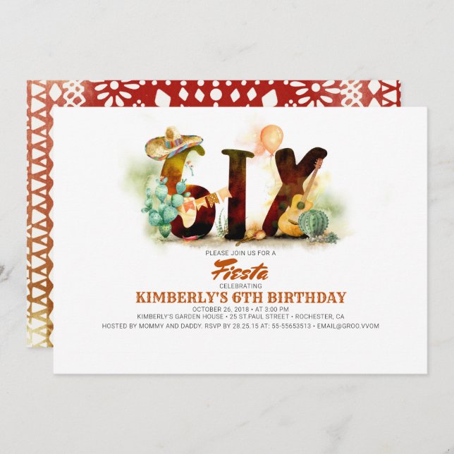 Mexikanska Fiesta 6e Födelsedagsfest Inbjudningar (Fram/baksida)